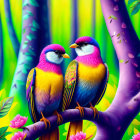 Colorful Birds Perched in Lush Forest Scene