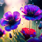 Colorful Blue and Red Poppies with Dewdrops on Bokeh Background