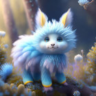 Blue and White Fur Creature with Feathered Wings in Enchanting Forest