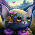 Fantastical creature with cat-like features, flowers, and castle in background