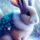 Whimsical fluffy rabbit with blueberries in snowy scene