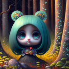 Wide-eyed character with teal hair holding a frog in whimsical forest scene