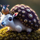 Whimsical digital artwork: Fluffy white goat creature with intricate eye-like shell.