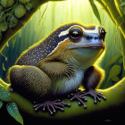 Whimsical illustration of expressive-eyed frog in lush green foliage