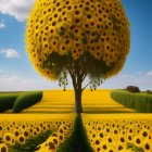 Colorful painting of a yellow-leaved tree in a field of orange flowers with butterflies under a blue