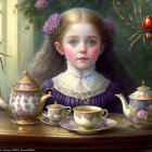 Surreal painting: young girl with expressive eyes at tea table