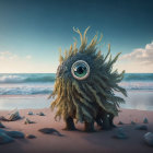 Colorful creature with blue eye and green tendrils on sunset beach