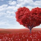 Vibrant Red Heart-Shaped Tree in Purple Flower Field