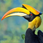 Colorful surreal portrait of woman with toucan-like headdress and butterfly.