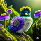 Colorful whimsical bird with flower feathers among vibrant purple flowers.