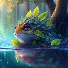 Whimsical digital artwork: Rabbit with tree branches, leaves, submerged in water