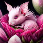 Pink dragon-like creature nestled in vibrant flower petals