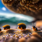 Vibrant spiny sea creatures in textured underwater scene