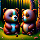 Stylized cartoonish bears in colorful enchanted forest