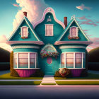 Symmetrical Blue Victorian House with Pink Accents and Snail at Dusk