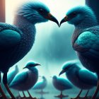 Stylized blue birds touching beaks on branch with glowing background