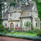 Fairytale-like house by tranquil pond with swans, water lilies, butterflies, and majestic