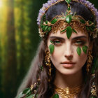 Woman in Gold and Green Headpiece and Necklace on Blurred Green Background