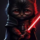 Digital Artwork: Cat as Darth Vader with Red Lightsaber