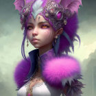 Fantasy portrait of female character with purple hair and ears, fur, and ornate jewelry on cloudy