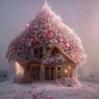 Whimsical painting of large tree with pink foliage, lighthouse, and cozy cottage in snowy landscape