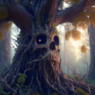 Mystical tree with face-like trunk in enchanted forest scene