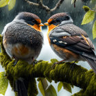 Orange, black, and white birds on mossy branch with raindrops