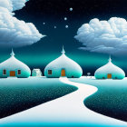 Snow-covered dome-shaped houses under starry night sky with glowing windows.