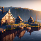 Tranquil sunset harbor with Viking longhouses and boats