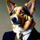 Dog with human-like features in suit and tie portrait.