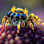 Colorful fly with large black eyes and yellow body on purple textured surface