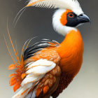 Vibrant bird with black, white, orange plumage and crest on neutral backdrop