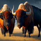 Majestic yaks on grassy field under dramatic cloudy skies