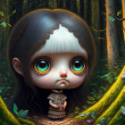 Wide-eyed doll-like character in ornate forest scene with owl