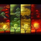 Stylized multicolored tree panels on gradient backgrounds