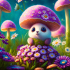 Colorful Illustration of Cute Creature with Mushroom Hat in Flower Field