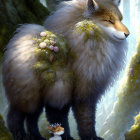 Illustration of giant fox with moss and mushrooms, accompanied by smaller duplicate in mystical forest.