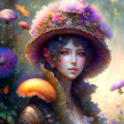 Fantasy illustration of woman with colorful mushroom hat and armor hint