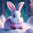 Digital art: White bunny with pink ears in snowy landscape