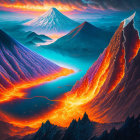 Digital artwork: Dramatic landscape with lava river, snow peaks, blue lake, fiery mountains