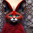 Vivid red surreal cat with large black-rimmed ears and blue eyes on circular pattern background