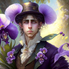 Stylized digital portrait of a person in purple attire with orchids