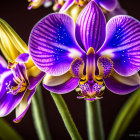 Purple and White Orchids with Yellow Center on Dark Background