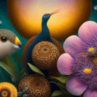 Stylized peacock and finch birds with vibrant flowers on golden moonlit backdrop