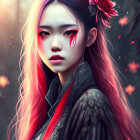 Digital artwork of woman with pink-streaked black hair and red eyes in misty forest setting