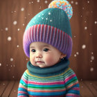 Curious Baby in Colorful Striped Sweater and Winter Hat