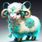 Fluffy white sheep with floral head under cloudy sky