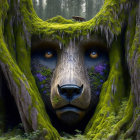 Surreal bear face merged with mossy forest in captivating image