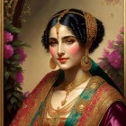 Traditional Indian Jewelry and Attire Portrait Beside Purple Flower Mirror