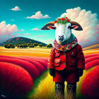 Anthropomorphic sheep in red jacket and boots in surreal landscape.